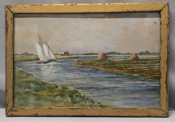 1908 J Barnes ? Original Painting - A Sailboat & Salt Marsh Hay Stacks