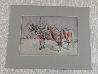 Very Well Done Original Watercolor / Gouache Painting Of Working Horses
