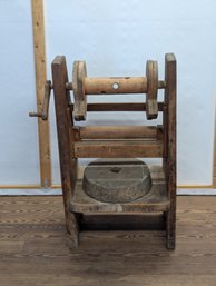 Primitive Wooden Farm Implement With A Small Mill Stone Attached