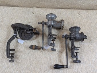 Lot Of 2 Hand Crank Meat Grinders Together With A Cherry Stoner / Pitter