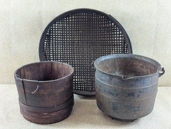 3 Piece Primitive Lot Including An Old Wooden Seive, A Wooden Bucket And A Cast Iron Pot