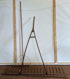 Large Wooden Bull Rake Together With A Wooden Hay Rake