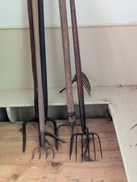 Lot Of Various Tined Fork / Rake Long Handle Tools