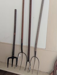 Lot Of 4 Various Pitch Fork Style Long Handle Tools