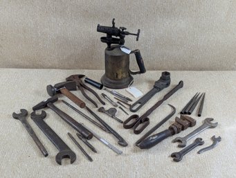 Collection Of Antique Tools, Including An Old Torch, A Cobler's Hammer, Old Wrenches, Etc....