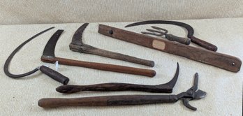 Lot Of Farming Hand Tools Includng A Reaping Hook , Hand Sickle, Corn Sickle, Etc...