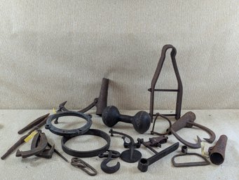 Large Lot Of Antique Iron Including A Carriage Step, A Dumbell, Pieces & Parts Of Logging Tools, Etc...