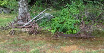 Lot Of 4 Horse Drawn Farm Implements Plows & Cultivators Together With An Old Bicycle