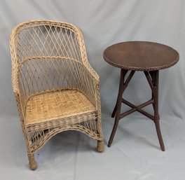 Wicker Rattan Armchair Together With A Side Table