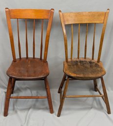 Lot Of 2 Antique Plank Seat Thumback Chairs