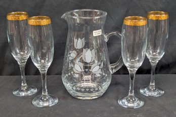 4 Gilt Rim Glasses Together With A Etched Pitcher Made In Turkey