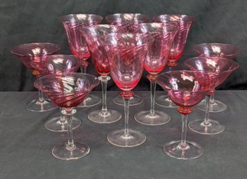 Lot Of 12 Very Pretty Cranberry Swirl Glass Stemware Glasses