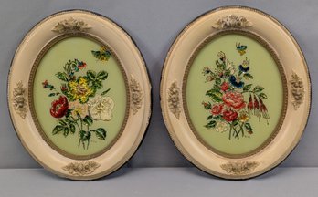 Pair Of Oval Framed Tinsel / Foil Reverse Painted Florals