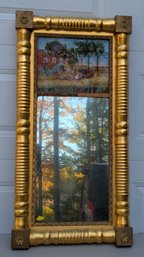 Very Nice Antique Split Column Mirror With Reverse Painted Panel