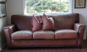 Leather 3 Seater Couch With Nail Head Trim And Worn Leather, Not Perfect