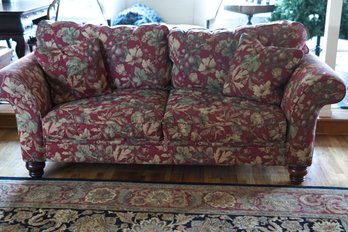 Large Floral Tapestry Couch In Burgundy, And Green With Bun Feet.  In Wonderful Vintage Condition