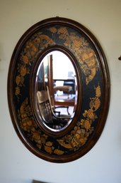 Vintage Oval Black Mirror With Painted Cornucopia Motif,
