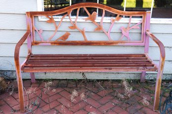 Outdoor Bench With Pink Bird And Branch Motif And Aged Patina