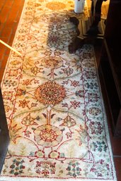 Vintage Woven Runner Rug In Maroon And Cream With Green