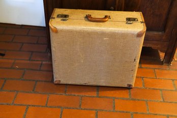 Vintage Luggage Suitcase, Brown And White Trunk With Leather Handle