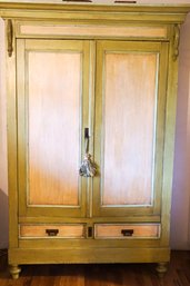 Vintage Original Green And Light Blue Painted Armoire And Two Drawers, Needs Interior Work