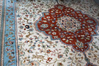 Large Vintage Rug In Maroon And Blue With Large Center Medallion And Floral Border