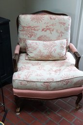 Vintage French Style Arm Chair With Cushions, Pink And Off White, Needs Some Love