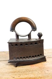 Large Antique Cast Iron Charcoal Sad Iron With Rounded Wood Handle, Sphinx