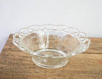 Vintage, Antique Decorative Glass Bowl With Cut Out Design And Etching, Beautiful Entertaining Piece.
