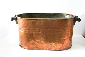 Antique Primitive Polished Copper Boiler With Wood Handles And Imperfect Finish.