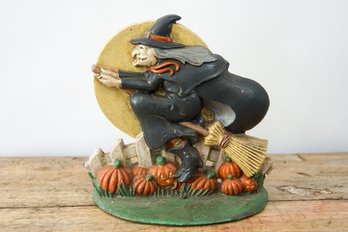 Vintage Midwest Importers Cast Iron Halloween-themed Doorstop Witch Flying On A Broomstick Over Pumpkins,