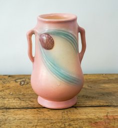 SET OF 2 Vintage Double Handle Pink & Blue Hull Art Pottery 'Pine Cone' Vase