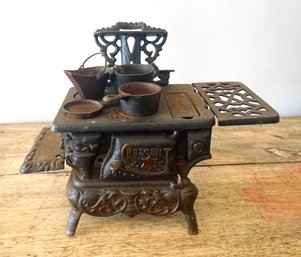 Vintage Crescent Cast Iron Wood Stove, Toy Salesman Sample With Accessories