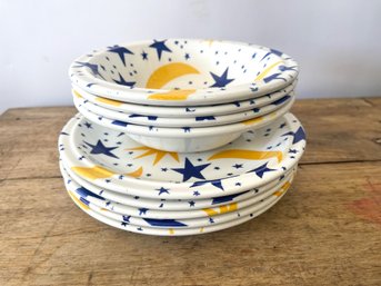 Vintage Staffordshire Blue And Yellow Stars Plates And Bowls Serviceware