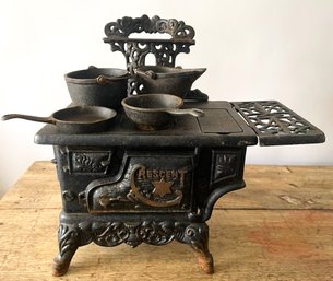 11' Large Salesman Toy Sample Of Crescent Cast Iron Stove Range With Accessories