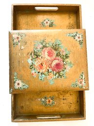 Vintage Cottage Core Painted Floral Tray Vanity Set With Mirrors And Compartments, Shabby Chic