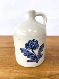 Primitive White And Blue Jug/Crock With Flower And Handle