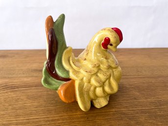 Petite Decorative Pottery Chicken With Green, Orange, Yellow, Green Highlights