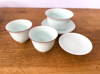 MEI LEAF Collection Of Small Japanese Tea Cups, Saucer, White With Red Highlight