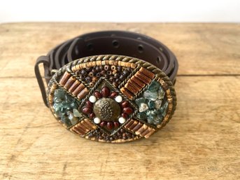 Vintage Leather Belt With Inlayed Brown And Green Stones.