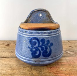 Vintage Hanging Blue Porcelain Salt Cellar With Burnt Wooden Lid