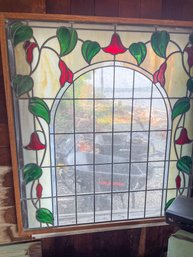 Vintage Antique Stained Glass Window With Green Vine And Red Flowers, Framed, No Issues