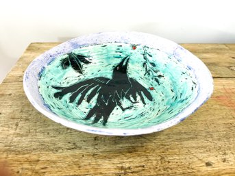 Studio Artist Colorful Green, Black And Purple Crow Pottery Bowl