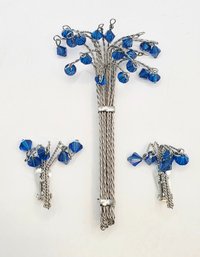 Vintage Silvertone And Blue Crystal Waterfall Brooch And Clip On Earrings