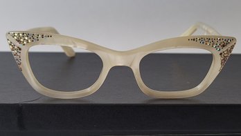 Vintage 60s J Denise French Mother Of Pearl & Rhinestone Cat Eyeglasses