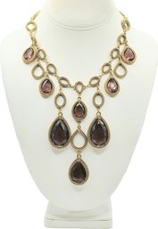 1960s Vintage Goldette NY Victorian Inspired Goldtone Bib Necklace With Faceted Amethyst Glass Crystals