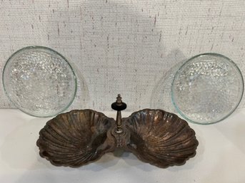Silver Plated Clamshell Trinket Dish And 2 Glass Candle Holders