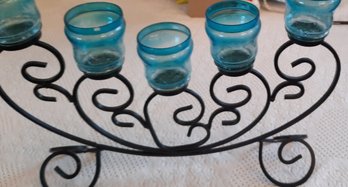 Blue Glass  Candle  Center Piece  With Wrought Iron  Base