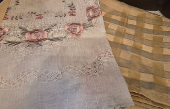 Two Tablecloth Bundle  One Embroidered And One Blue And Gold