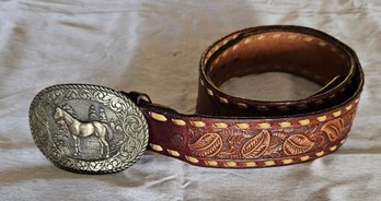 Justin Leather Sz 38 Belt & Brass Buckle